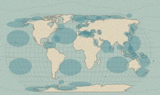 Map of the area covered by the Seas and oceans quiz